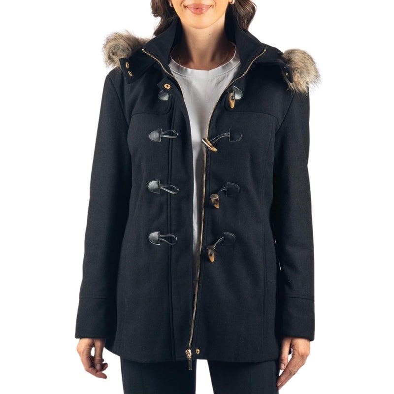 Alpine Swiss Duffy Womens Wool Blend Toggle Coat Removable Faux Fur Hood Classic Duffle Overcoat Warm Winter Jacket BLK L - Image 5